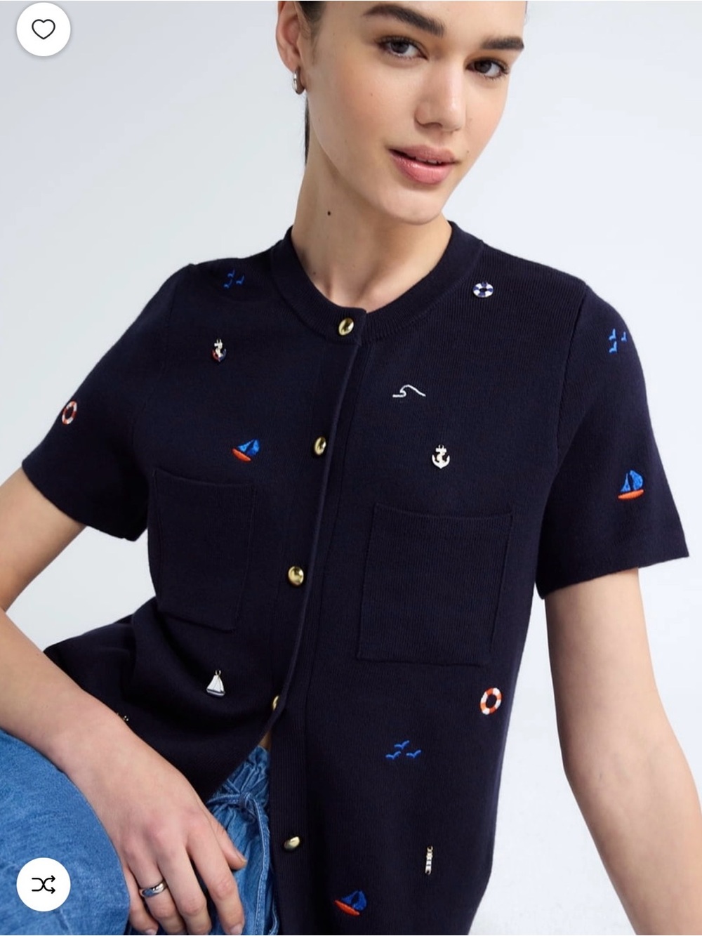 Navy Embroidered Short-Sleeve Cardigan with Gold Buttons
